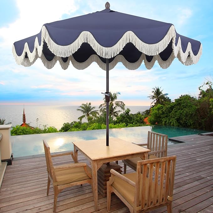 JONATHAN Y UMB1001 Collins 9 ft. Classic Cottage Tassel Market Patio Umbrella with Auto-Tilt, Crank, Wind Vent and UV Protection