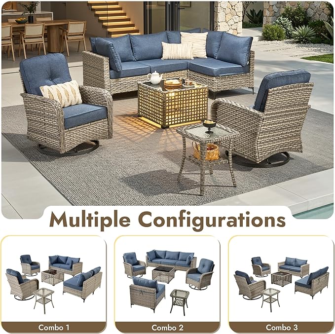 8 Pieces Outdoor Sectional Patio Furniture Set with Swivel Rocking Chairs,Conversation Sets Rattan Wicker L Shaped Couch,Modular Outdoor Sofa for Porch Balcony Backyard Denim Blue