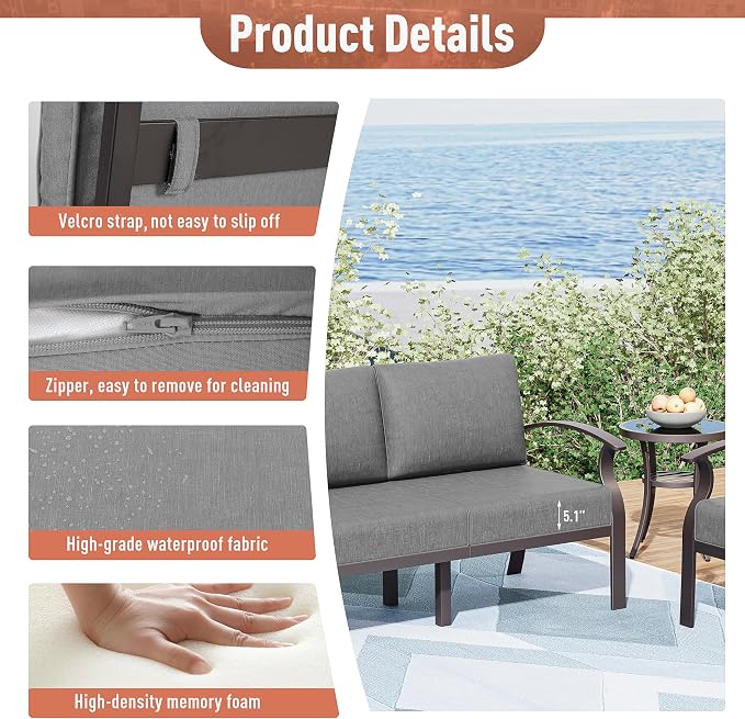 Kurapika Aluminum Patio Furniture Set 7-Seat Modern Metal Outdoor Conversation Sets w/Swivel Rocking Chairs Patio Sectional Sofa w/5.1 Inch Cushion, Grey
