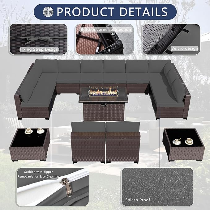 Outdoor Patio Furniture Set with Gas Fire Pit Table, 13 Pieces Outdoor Furniture Set Patio Sectional Sofa w/43in 55000 BTU Propane Fire Pit, PE Wicker Rattan Patio Conversation Sets - Grey.