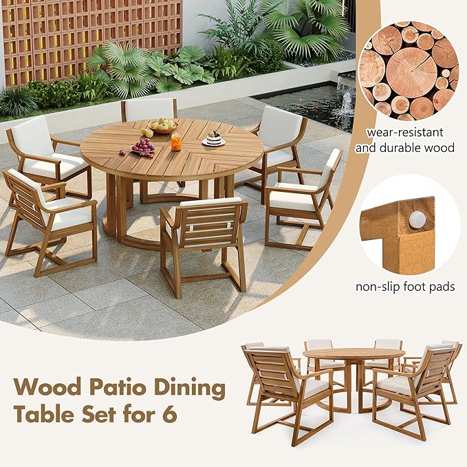 Merax 7 Pieces Outdoor Dining Set for 6 People, Acacia Wood Patio Furniture Sets with Round Table and Six Cushioned Chairs for Backyard, Garden, Lawn, Poolside, Tabletop with Umbrella Hole, Light Teak