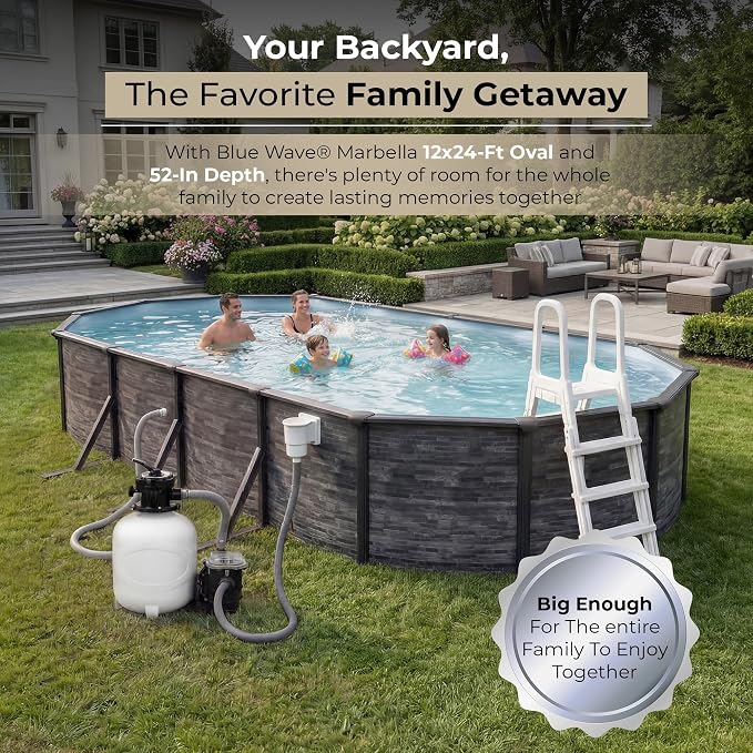 Blue Wave Marbella 12x24-ft Oval 52-in Deep Hard Sided Steel Frame Above Ground Pool with 6-in Steel Top Seats, 0.5 HP Sand Filter System, Ladder, Skimmer & Liner – 6,300 Gallon Cap for Family Use