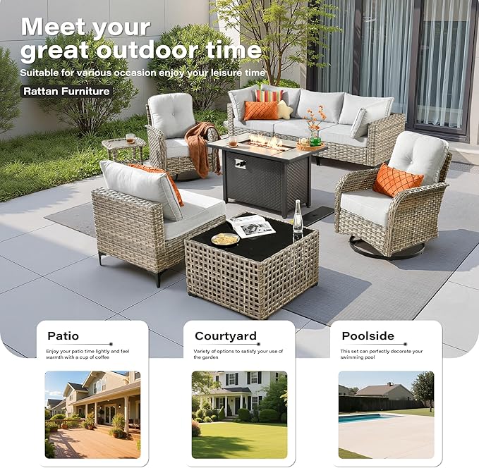 9 Pieces Outdoor Sectional Patio Furniture Set with 42" Fire Pit,Conversation Sets Rattan Wicker L Shaped Couch Swivel Rocking Chairs,Modular Outdoor Sofa for Porch Balcony Backyard Grey