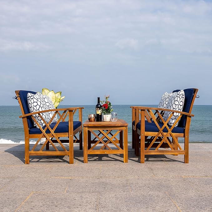 SAFAVIEH Outdoor Collection Fontana Natural/ Navy Blue Cushions/ Geometric Pattern Pillows 4-Piece Conversation Patio Set