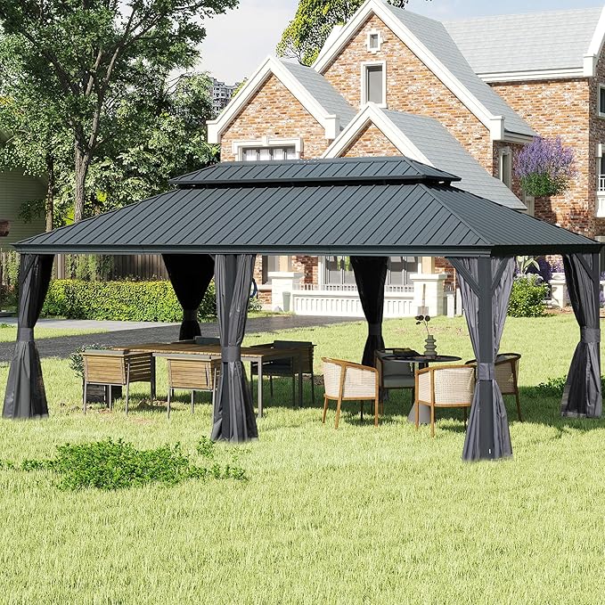 Domi 12' X 24' Hardtop Gazebo, Upgraded Metal Gazebo with Drainage System, Dual-Layer Galvanized Steel Roof, Curtain and Netting, Outdoor Shelter Canopy for Patio, Garden, and Backyard, Grey