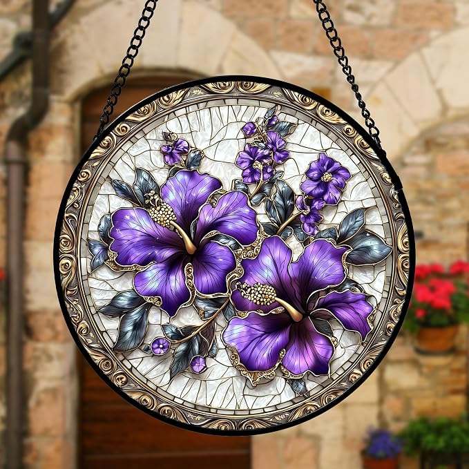 DASTOLL Stained Glass Window Hanging, Purple Flowers Romantic Suncatcher for Doors Home Sun Catchers Decoration and Christmas, Mother's Day Birthday Gifts for Women, Men, and Mom 11.8x11.8 in