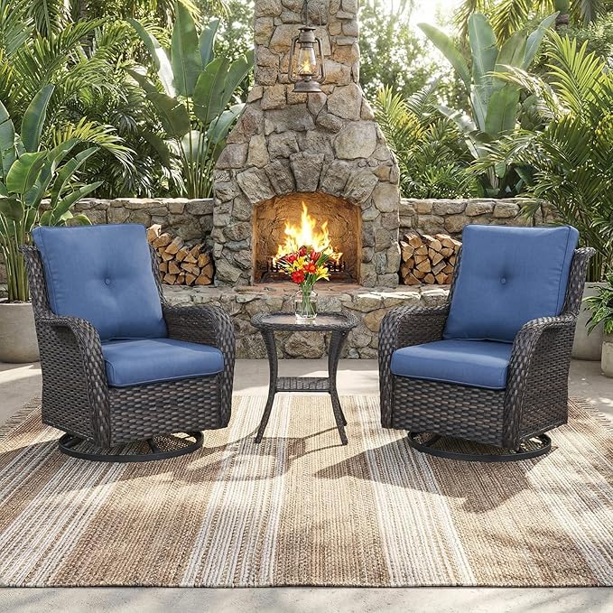 Outdoor Swivel Rocker Patio Chairs with Side Table 3 Pieces PE Wicker Patio Furniture Set for Porch Deck Balcony Garden