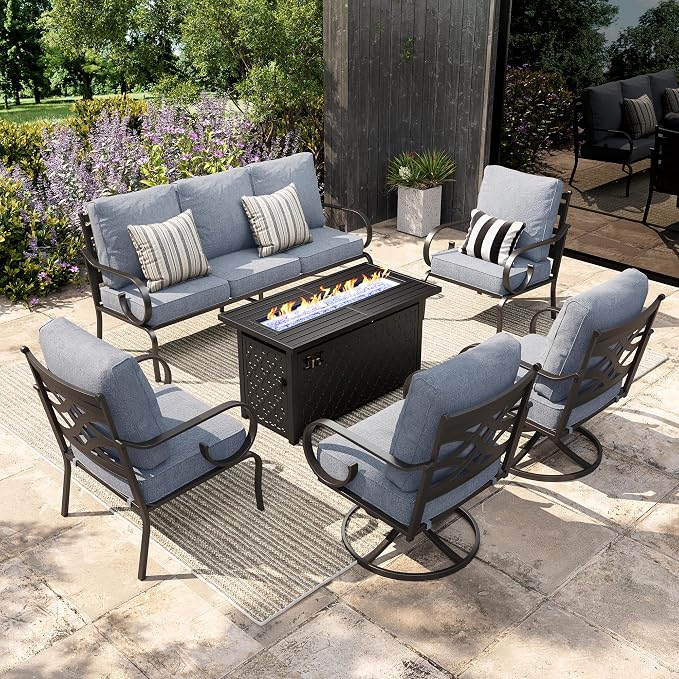 Sophia & William Patio Conversation Set for 7, 3-Seater Sofa, 2 Fixed Chairs, 2 Swivel Chairs and a 45" Fire Pit Table, Metal Outdoor Furniture with 5.75" Extra Thick Cushions, Grey