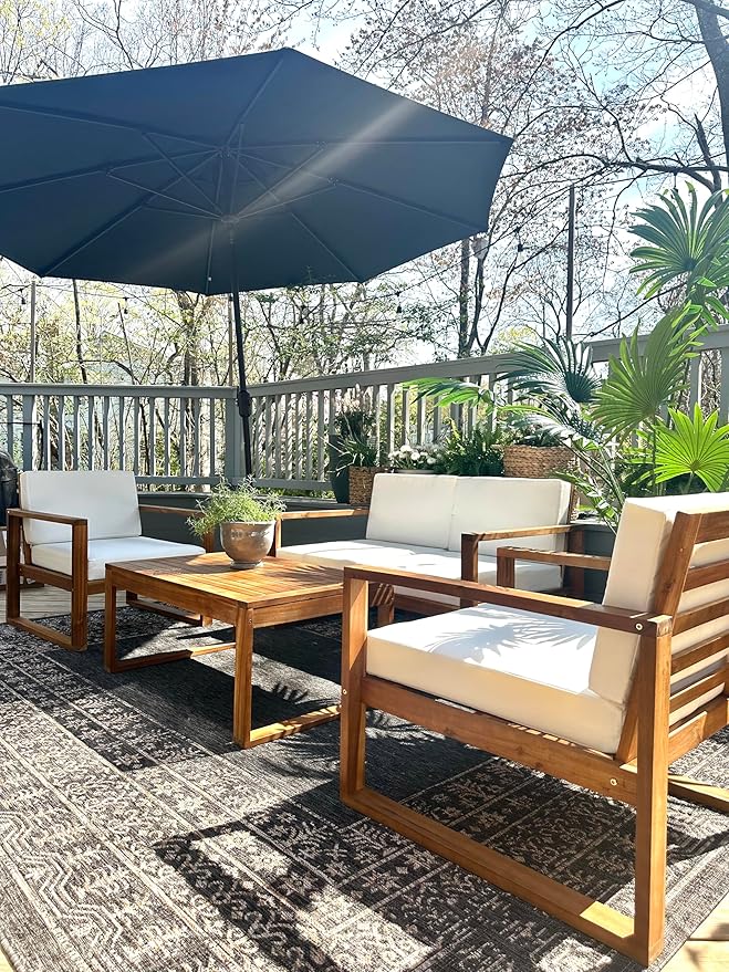 SAFAVIEH Outdoor Collection Emiko Natural/Beige Cushion Solid Wood 4-Piece Conversation Patio Set