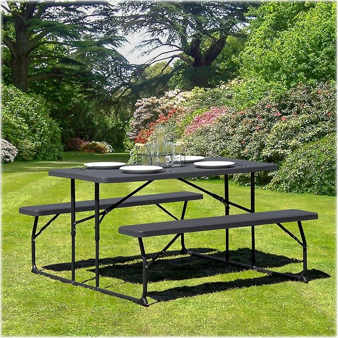 Flash Furniture Insta-Fold Picnic Table - Charcoal Wood Grain Folding Picnic Table Bench Set for Adults - 4.5 Foot Folding Table