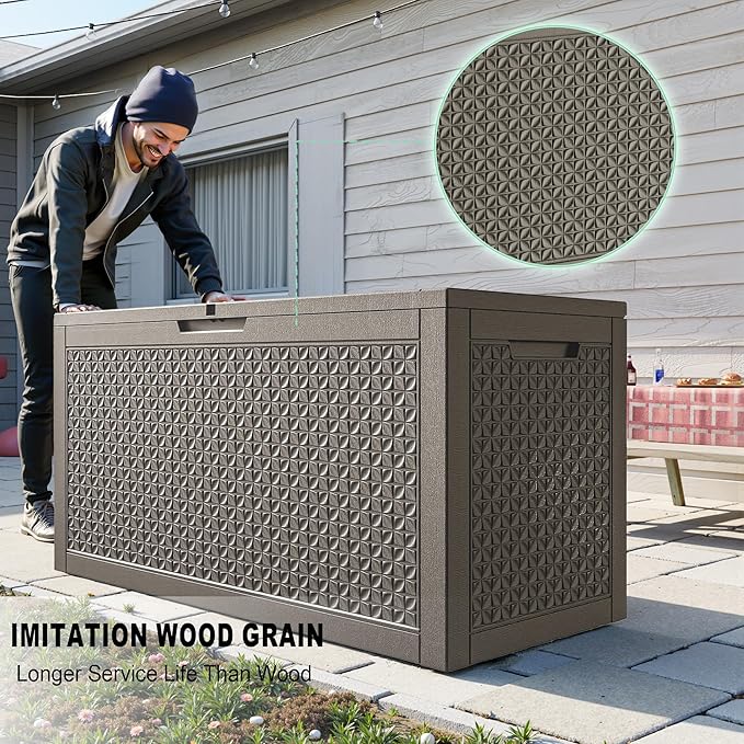 ROJIK 110 Gallon Deck Box Outdoor, Waterproof Outdoor Storage Boxes with Lids, Outside Resin Lockable Storage Box for Patio Cushions, Garden Tools(Grey)