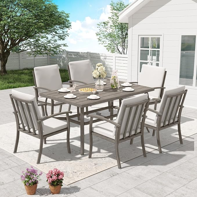 HAPPATIO Outdoor Dining Table for 6, Aluminum Rectangle Outdoor Dining Table with Umbrella Hole, All-Weather Aluminum Patio Dining Table for Garden Yard Poolside, Only Table, Grey