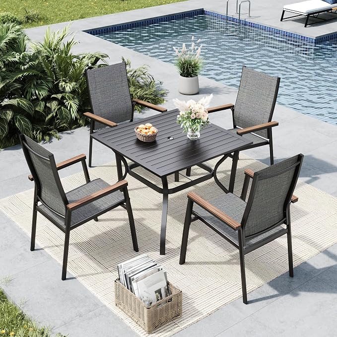 MFSTUDIO 5 PCS Patio Dining Set with 4 Stacking Aluminum Armchair(Grey) and 1 Square Heavy Duty Table, Patio Dining Table and Chairs Set, Outdoor Dining Set