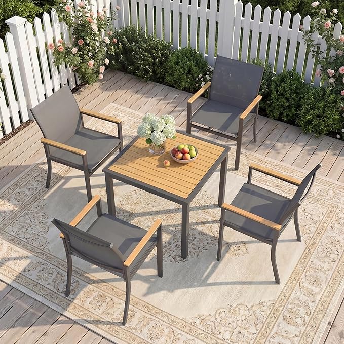 5-Pieces Aluminum Patio Table and Chairs Set, Outdoor Patio Furniture Set with Heavy Duty HDPS Square Table, All-Weather Outdoor Dining Set with Breathable Quick-Drying Textilene Chairs for Patio