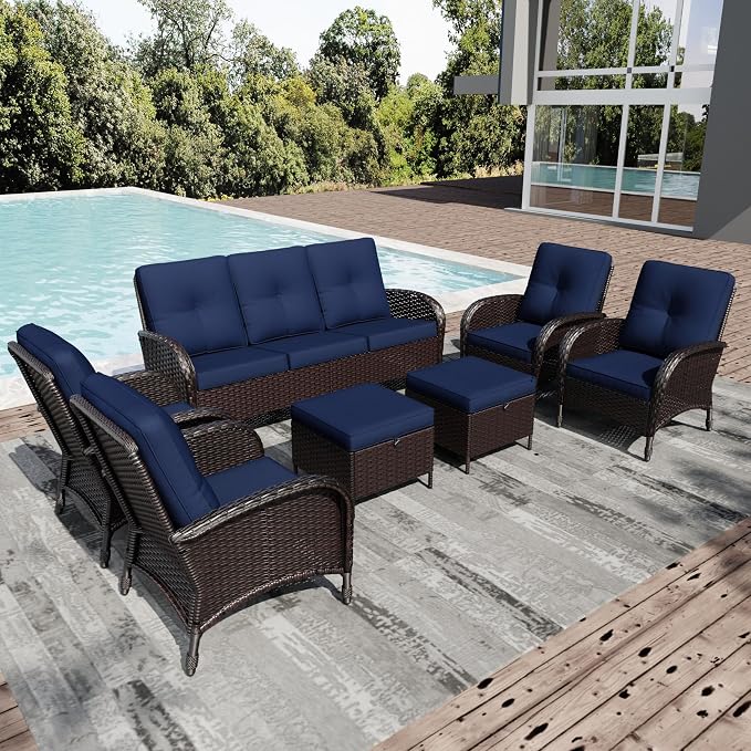 Joyside Wicker Patio Furniture Set, 7 Piece Outdoor Furniture Set with Thickened Cushions, High Back, Deep Seating, Wide Armrest, Rattan Outdoor Chairs for Porch, Deck