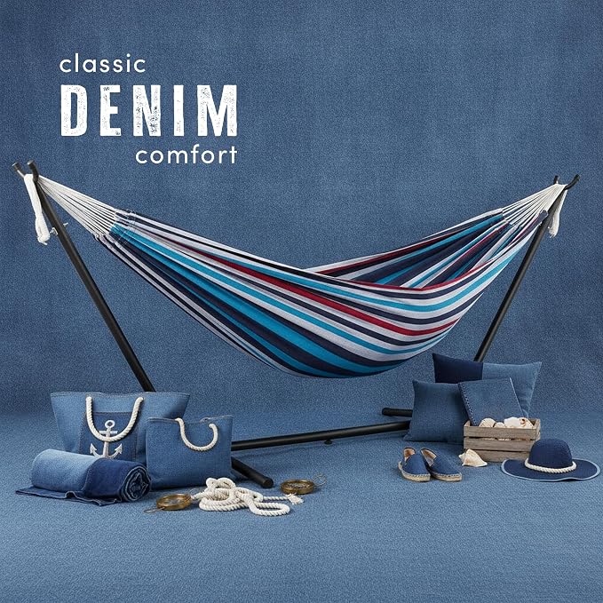 Vivere Double Cotton Hammock with Space Saving Steel Stand, Upgraded Polyester End Strings 450 lb Capacity - Premium Carry Bag Included - USA Grown Cotton (Denim)