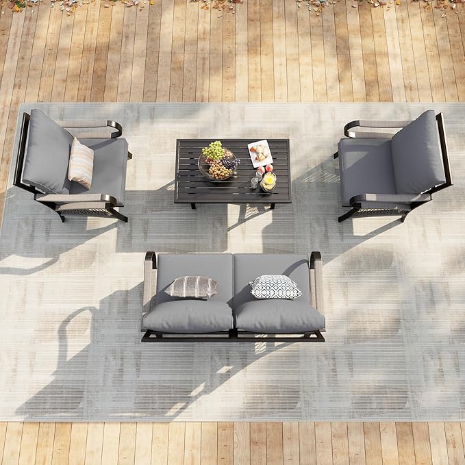 4 Pieces Patio Furniture Set, Metal Outdoor Conversation Sets with Coffee Table, Modern Couch Sofa Set Includes Single Chairs and Loveseat Seating Group (Thick Gray Cushions)