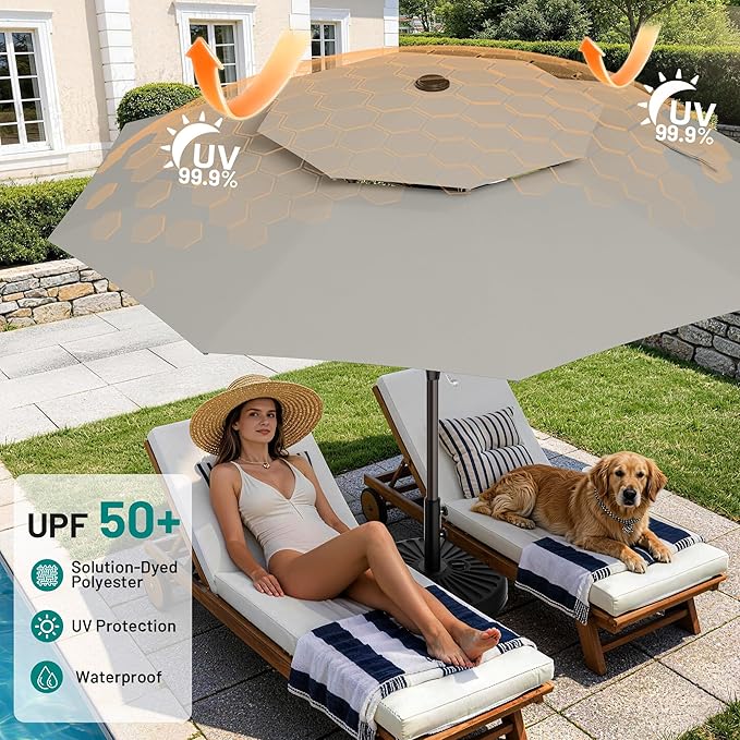 AreShark 12ft 2 Tiers Patio Umbrella - Outdoor Umbrella Waterproof UV Protection, Market Table Umbrella w/ 8 Sturdy Ribs&Crank for Pool, Porch, Garden(Light Gray)