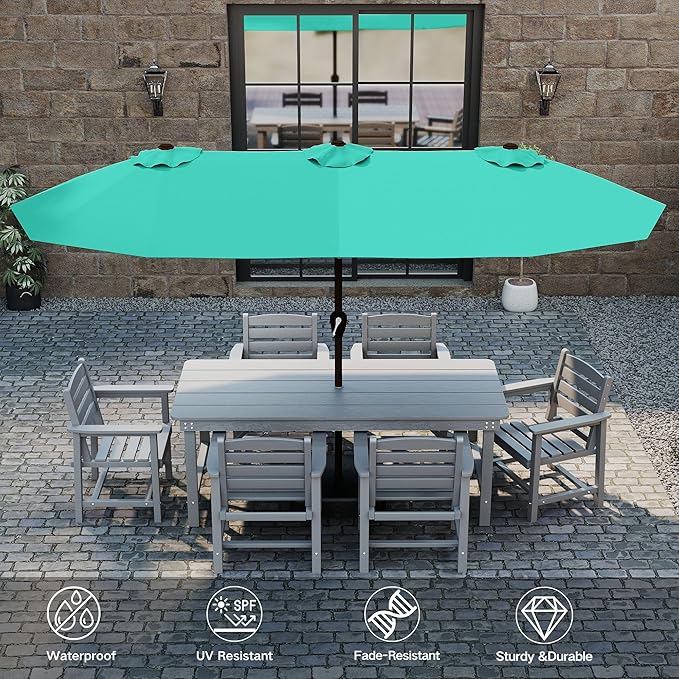 Kingdura 15ft Large Patio Umbrella with Solar Lights, Double-Sided Rectangle Outdoor Table Umbrella with Base Included, 12 Reinforced Ribs, 48 Led Lights, Crank Lift for Market Pool Deck, Tiffany blue