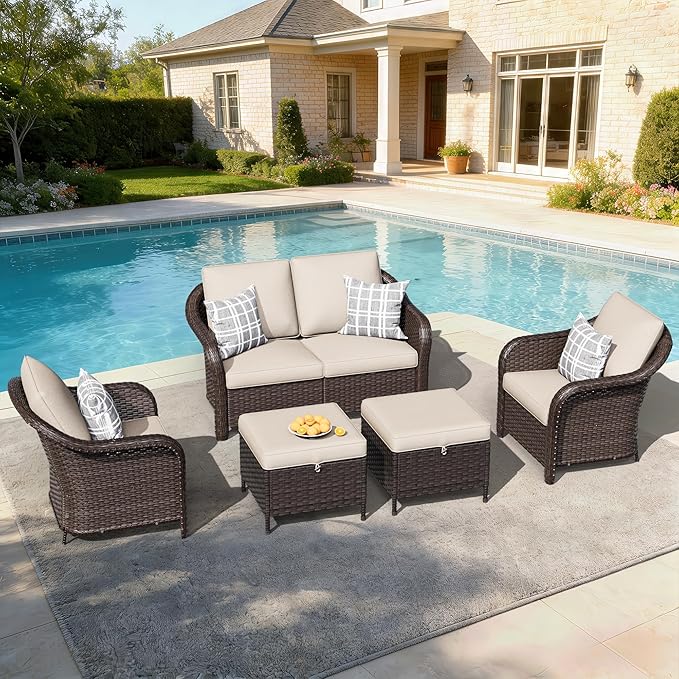 5 PCS Outdoor Conversation Set | 55" Couch, 2 Chairs, 2 Ottomans, Patio Wicker Conversation Furniture with Removable Cushions for Bistro, Deck, Sunroom (Beige)