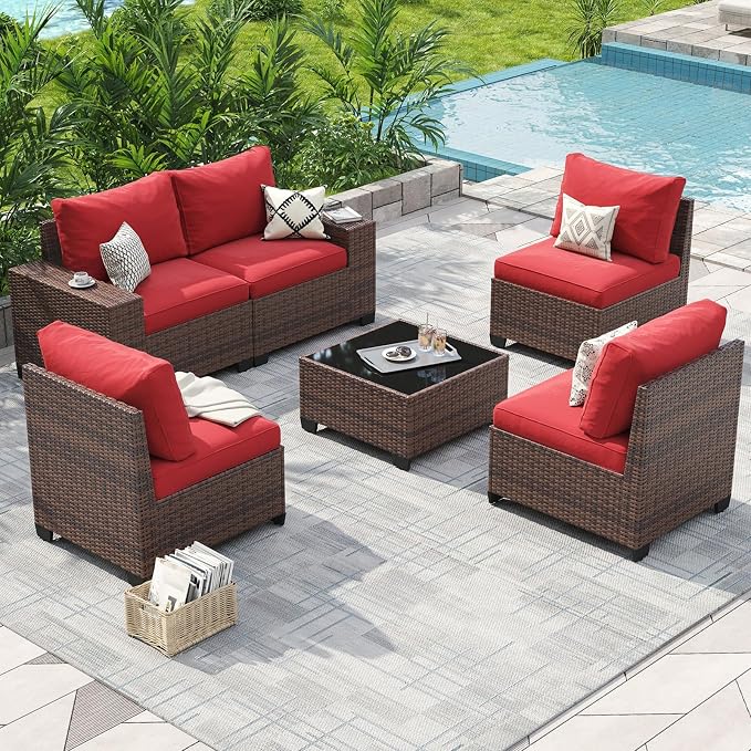 LazySunsets 2 Piece Outdoor Patio Furniture Set, Outdoor Sofa Set with Thick Cushions & Ottoman, Grey
