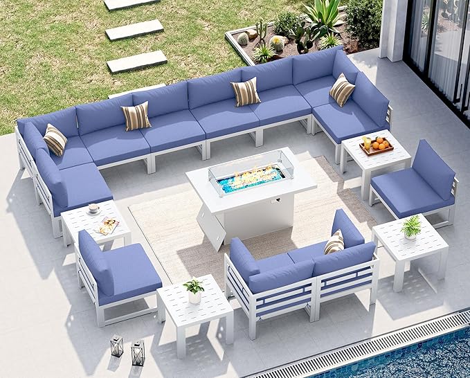 NICESOUL 17 Piece Extra Large Modern Aluminum Patio Furniture Set with Fire Pit, Modular Comfortable Outdoor Conversation Set with Side Table, 500 lbs Heavy Duty Sectional Sofa for Garden, Denim Blue