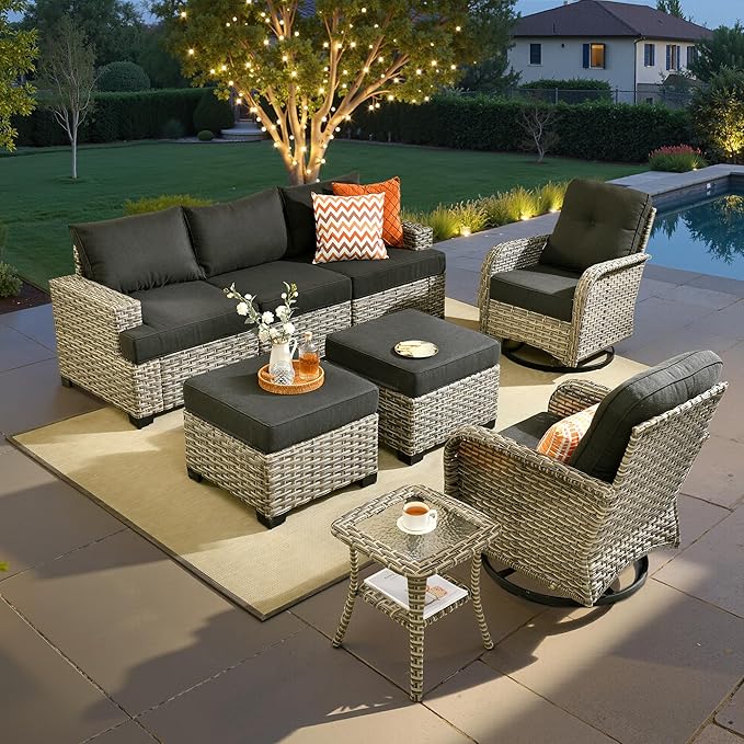 ovios 8 Piece Patio Sectional Furniture with Swivel Rocking Chairs, Rattan Wicker Coversation Couch Set, Outdoor Sofa Set for Outside Porch Balcony Backyard Pool, Black