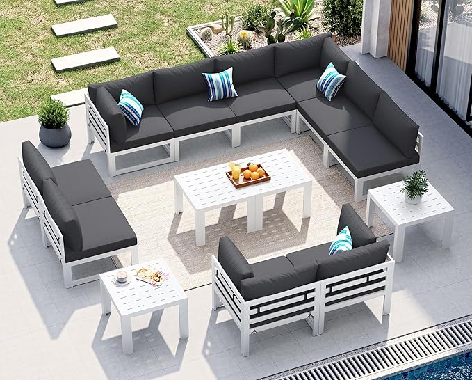 NICESOUL 10 Person Modern Aluminum Outdoor Patio Furniture Set with Side Table, 29" Wide Deep Seating, L Shaped Modular Sectional Couch, Oversized Conversation Set for Garden, Dark Gray