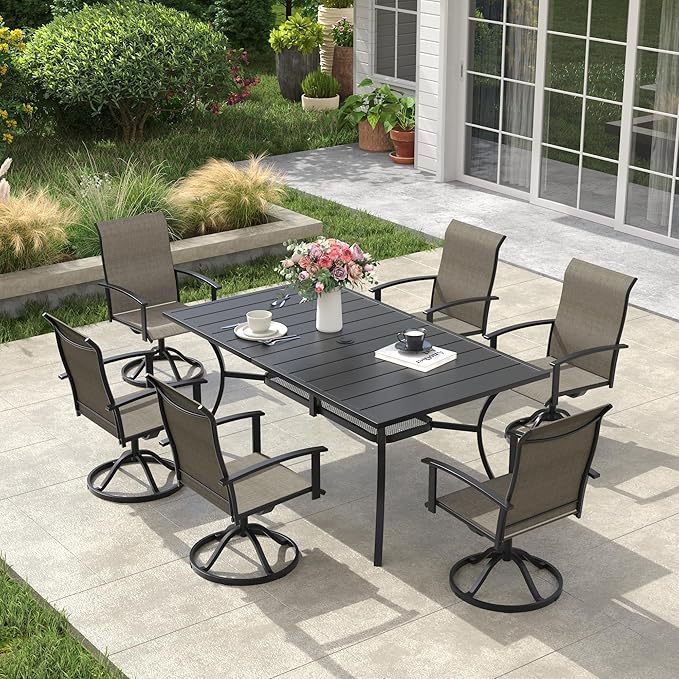 VICLLAX Outdoor Table and Chairs Set for 8, Patio Dining Set of 60" Metal Round Patio Table with Umbrella Hole & 8 Swivel Outdoor Dining Chairs for Backyard Lawn, Grey & Antique Grey