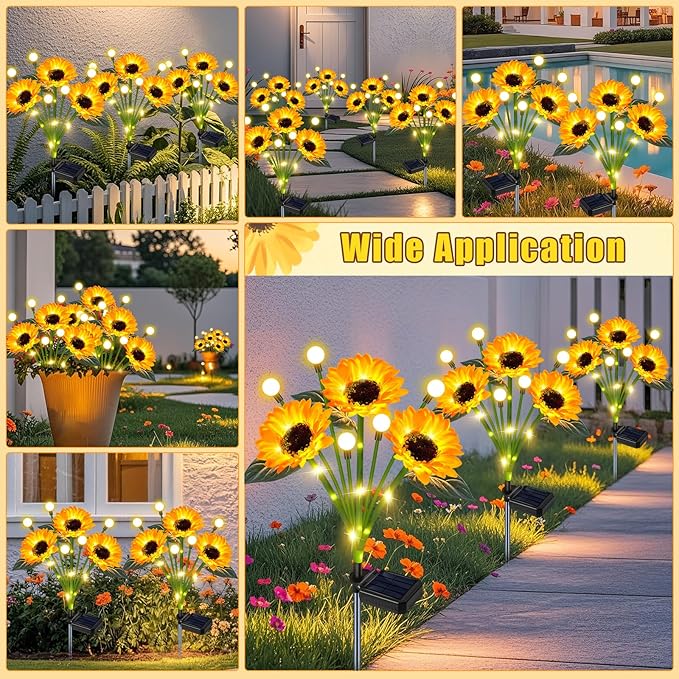 6 Pack Solar Sunflower Lights Outdoor Garden Decor, Upgraded with Firefly Lights, Waterproof Solar Flower Stake for Outside Yard Lawn Backyard, Gardening Gifts for Women Mom Grandma