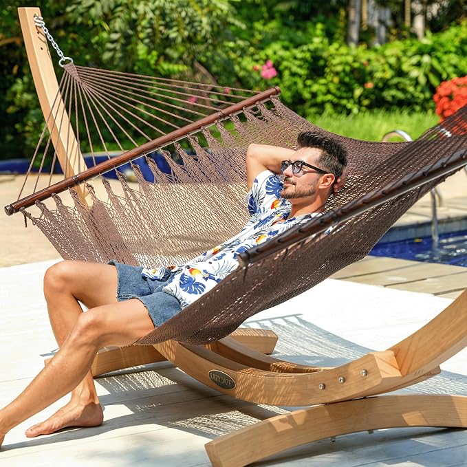 Lazy Daze Hammocks 2 Person Caribbean Rope Hammock with Wood Stand, 10.5FT Polyester Hammock with Spreader Bars, 13FT Heavy Duty Stand Combo, 450 LBS Capacity for Outdoor Backyard Poolside, Browm