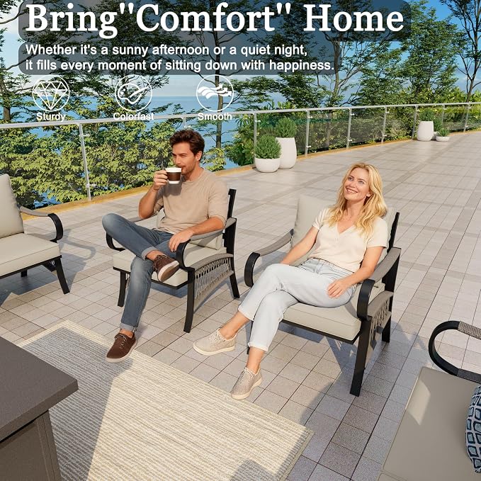 6-Piece Outdoor Furniture Set, Patio Conversation Set Include 3-Seater Sofa Single Chairs Loveseat Couch with Coffee Table and Fire Pit Table for Deck, Porch (Beige Cushions)