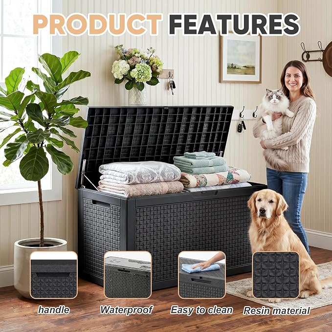 EasyUp 110 Gallon Deck Boxes Outdoor Waterproof, Resin Outside Storage Box for Patio Cushion Furniture Pool Accessories Garden Tools Indoor Outdoor Storage Bench (110 Gallon, Black)
