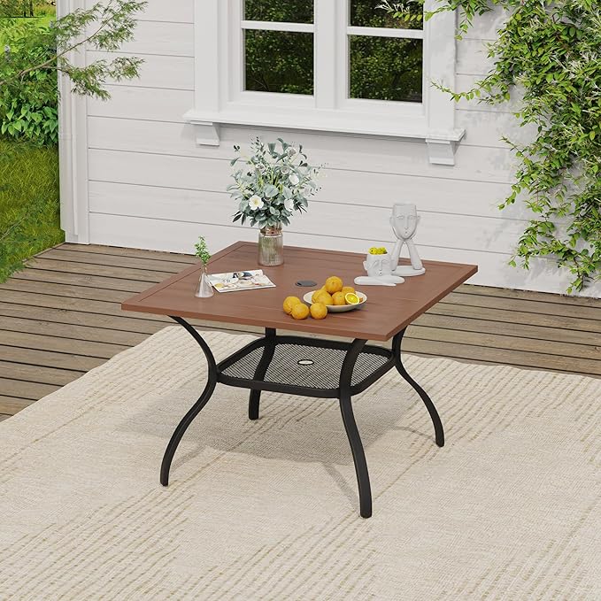 VICLLAX Outdoor Table and Chairs Set for 4, Patio Dining Set of 37.8" Metal Square Patio Table with Umbrella Hole & 4 Swivel Outdoor Dining Chairs for Backyard Lawn, Charcoal & Walnut