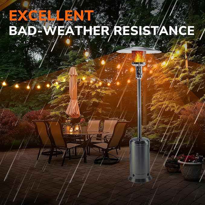 HEXAGO Outdoor Propane Patio Heater, 47,000 BTU Stainless Steel Standing Heater with Wheels, One-Touch Ignition & Adjustable Heat Control, Safety Auto Shut-Off System for Garden, Backyard & Restaurant