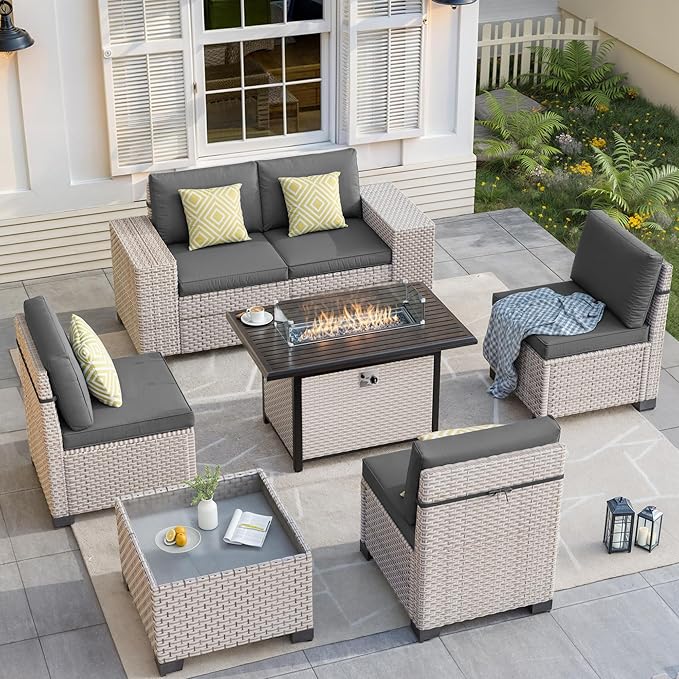7-Piece Outdoor Patio Furniture Set with Fire Pit, Modular Sectional Sofa Set with Glass Coffee Table and Cushions, Wicker Outdoor Couch Conversation Sets, Gray