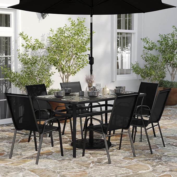 Merrick Lane Bardwell 7-Piece Outdoor Dining Table Set for 6, Glass Top Table with Hole for Umbrella, 6 Breathable Textilene Stackable Patio Chairs, Black/Black