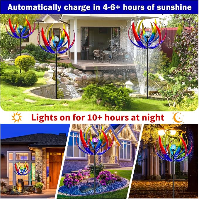 70 in Large Wind Spinners Outdoor, Solar Wind Sculpture, Violet Blue | Metal Windmill with Solar Multi-Color Light, All Weather Decor , Ideal Yard Art for Garden, Backyard, Lawn & Outdoor Decor