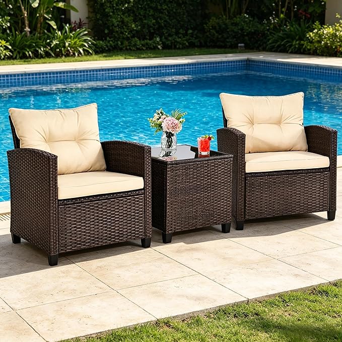 ORALNER 3 Pieces Patio Furniture Set, Outdoor Wicker Conversation Set Rattan Chairs with Cushions, Glass Coffee Table, Bistro Set for Front Porch Balcony Garden Deck Poolside (Beige)