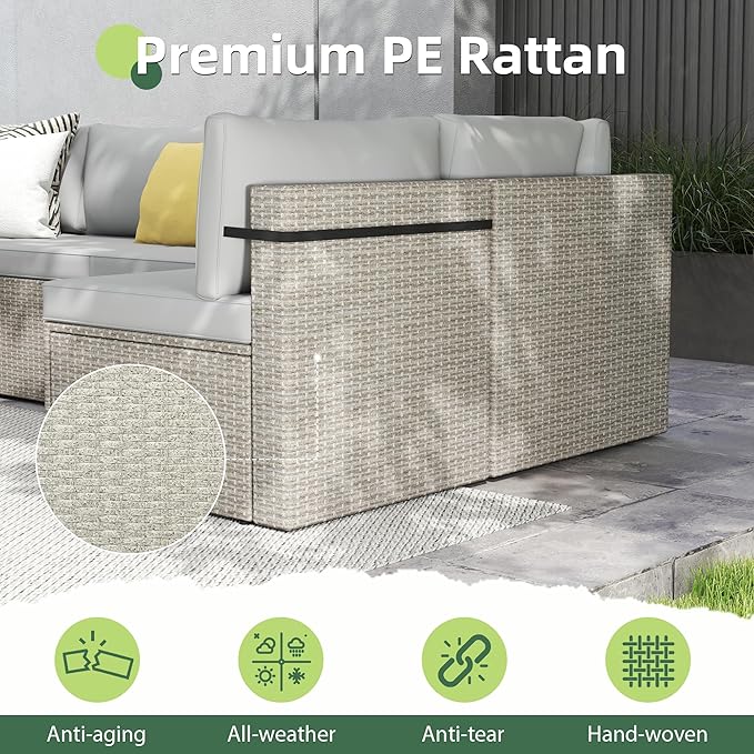 7-Piece Outdoor Sectional Sofa Set, Weather-Resistant Patio Furniture Set with Washable Cushions and Coffee Table, Grey Rattan Patio Conversation Set for Poolside, Backyard, Deck (Grey)
