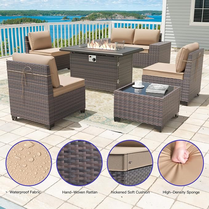 7 Pieces Outdoor Patio Furniture Set with 43"/55000BTU Gas Fire Pit Table,PE Rattan Wicker Outdoor Conversation Sofa Set Non-Slip Cushions Waterproof Covers for Backyard,Poolside,Garden,Sand