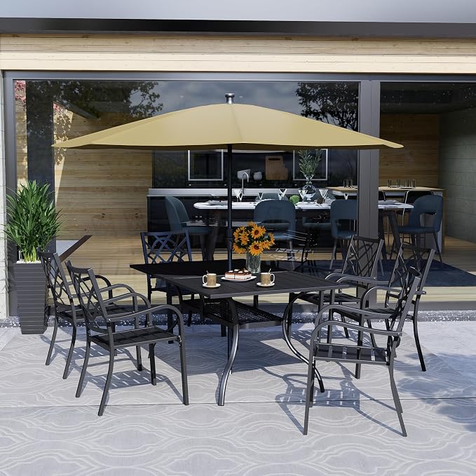 SOLAURA 8-Piece Outdoor Patio Dining Set, 6 Person Outside Table and Chairs Set, Metal Stacked Chairs of 6, Slat Table Top with 1.57" Umbrella Hole and 9 FT Patio Umbrella (Black)