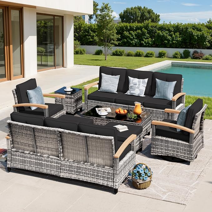 MEISSALIVVE 8 Pieces Patio Furniture Sets,Wicker Patio Conversation Sets with 2 Wood Armrests Swivel Glide Chairs, Outdoor Conversation Set for Deck Yard and Poolside (Black)