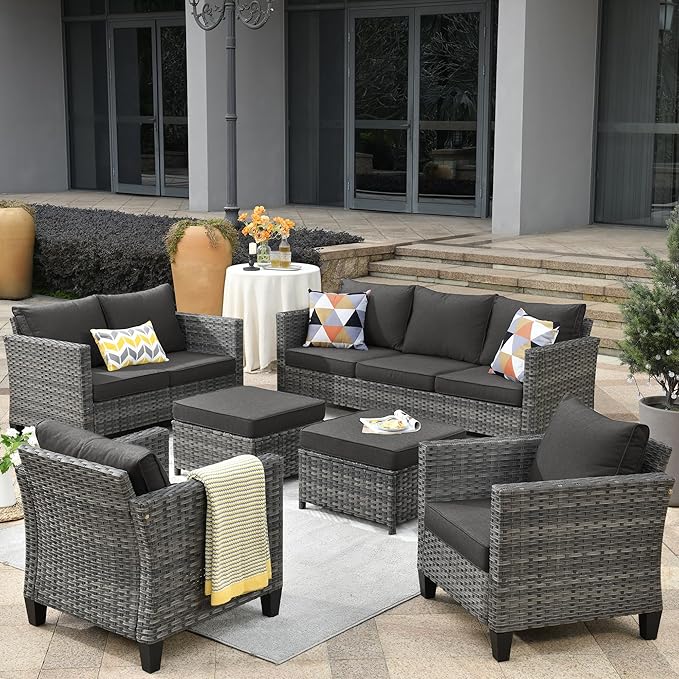 ovios 6 Pieces Patio Furniture Set, Outdoor Wicker Rattan Sofa Couch with Loveseat, Chairs, Comfy Cushions, Conversation Sets for Porch Deck Garden, Black
