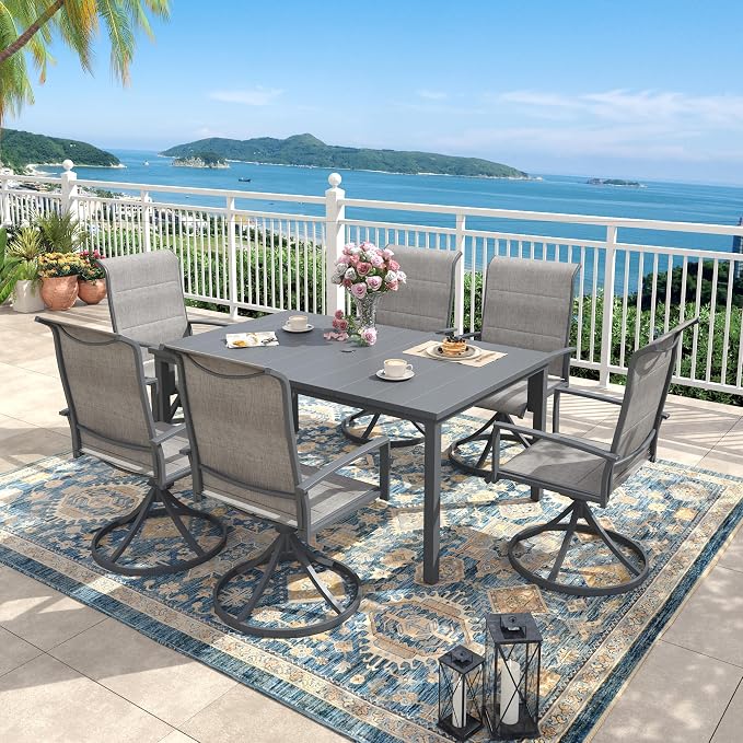 Outdoor Dining Set for 6, 63" Outdoor Dining Table with Umbrella Hole and Padded Textilene Patio Swivel Chairs, 7 Pieces Patio Table and Chairs Set for Garden Backyard, Grey and Dark Grey