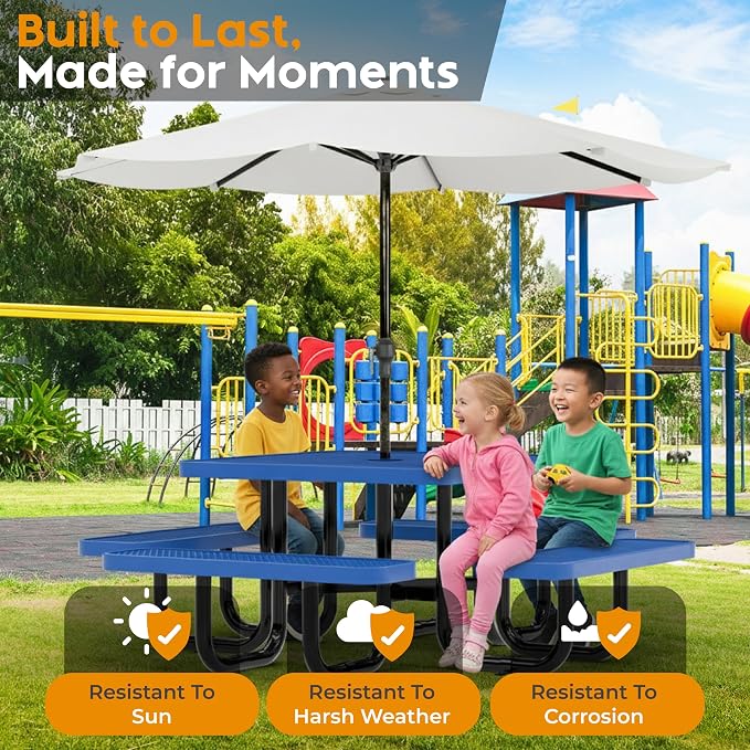 Square Metal Picnic Tables for Kids for Outdoors with Umbrella Hole, Adjustable Seats for School, Park, Playground (Blue, 38 in, Kids, Square)