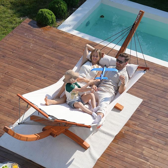 Lazy Daze Hammocks 12FT Quilted Double Hammock with V-Spreader Bar, 2 Person Portable Hammock with Nylon Rope, Side Pocket and Pillow, 450lbs Capacity, Includes Carry Bag for Outside, Natural