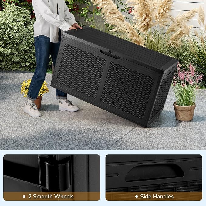 Tangkula 100 Gallon Outdoor Storage Box, Lockable Outdoor Storage Bench with 2 Smooth Wheels, Faux Rattan Surface, Waterproof Resin Deck Box for Outside Poolside Patio Garden (Black)