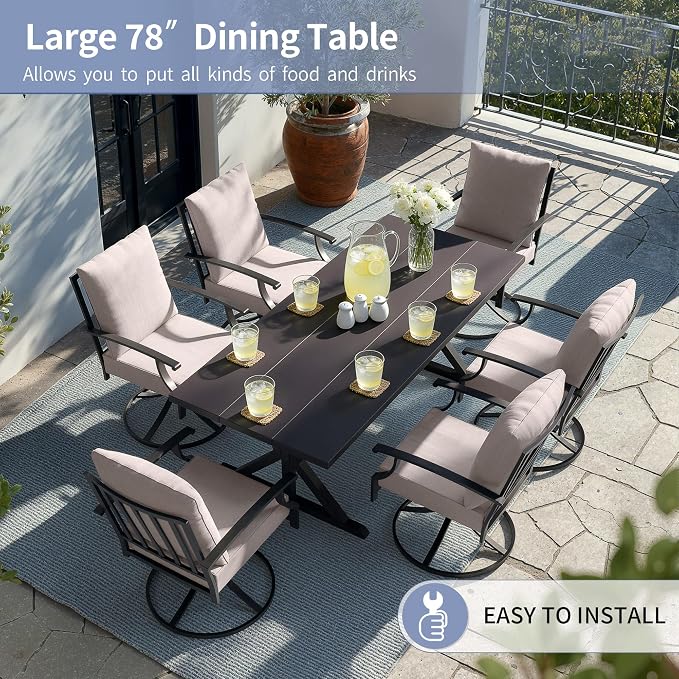 Kullavik 7 Pieces Outdoor Dining Set,Patio Dining Table and Chairs Set for 6,Fence Pattern Back Swivel Chairs with Thickened Cushions & X-Frame Metal Dining Table with Umbrella Hole for Patio,Sand