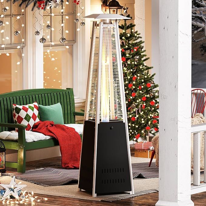Outdoor Heater with Wheels Patio Heater Pyramid Deck Tower Patio Heaters for Outdoor Use Flame Glass Tube 42000 BTU Hammered Bronze Propane Natural Gas Tip Resist Safe ETL Black